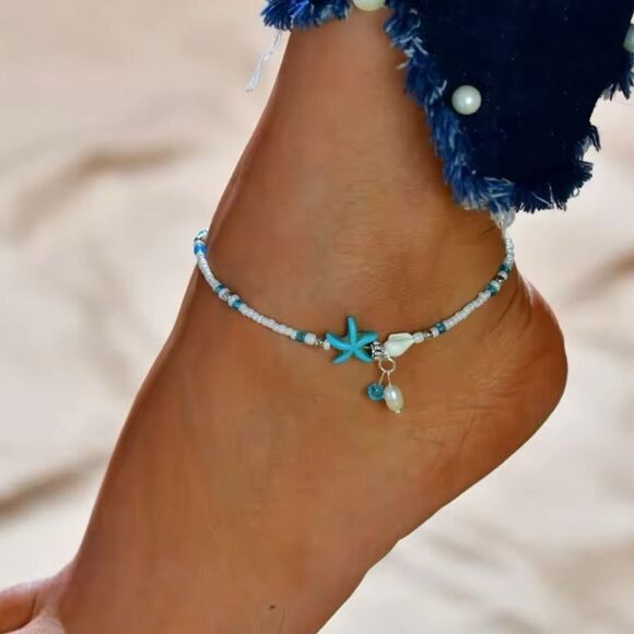 BohoTurquoise and White Starfish Charm Anklet - Picture 1 of 3